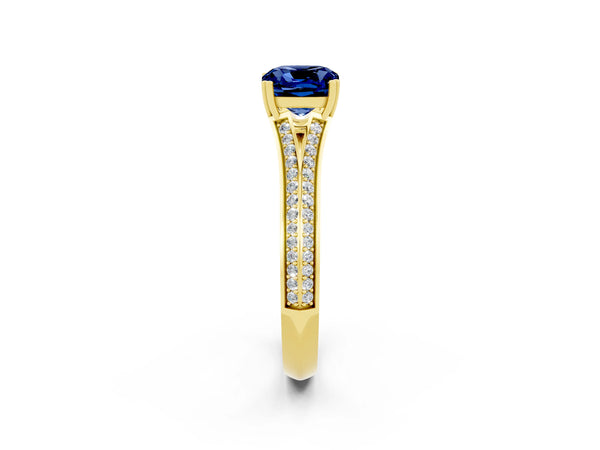 Yellow gold Cushion Cut Blue Sapphire Split Shank Engagement Ring with Pavé Band