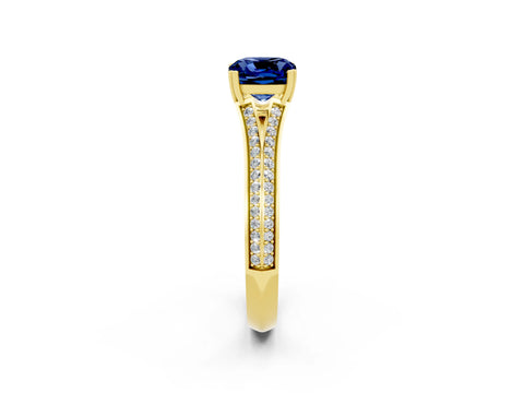 Yellow gold Cushion Cut Blue Sapphire Split Shank Engagement Ring with Pavé Band_2