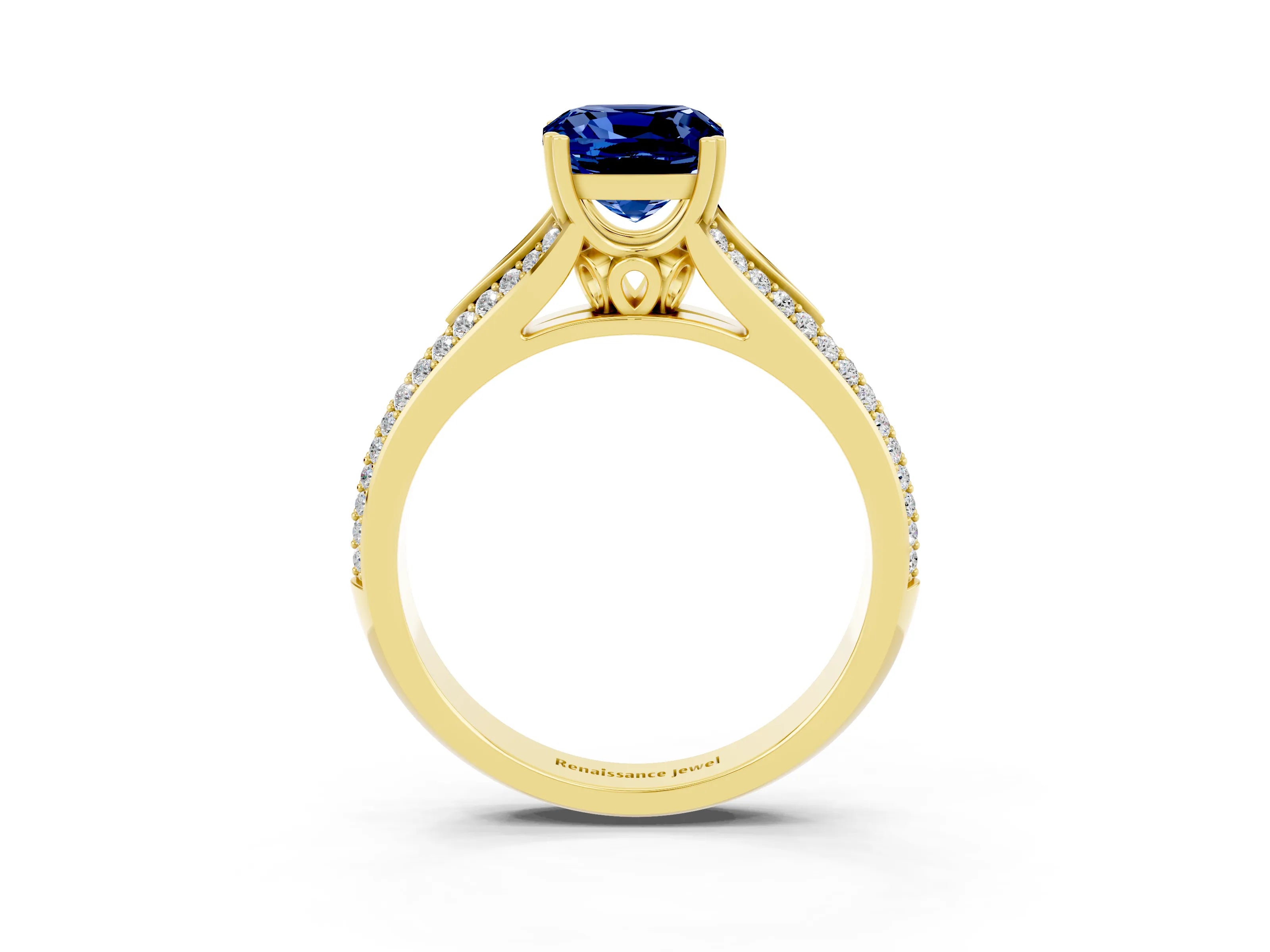 Yellow gold Cushion Cut Blue Sapphire Split Shank Engagement Ring with Pavé Band_3