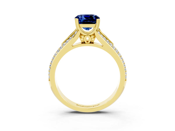 Yellow gold Cushion Cut Blue Sapphire Split Shank Engagement Ring with Pavé Band