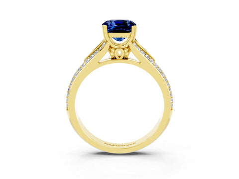 Yellow gold Cushion Cut Blue Sapphire Split Shank Engagement Ring with Pavé Band_3