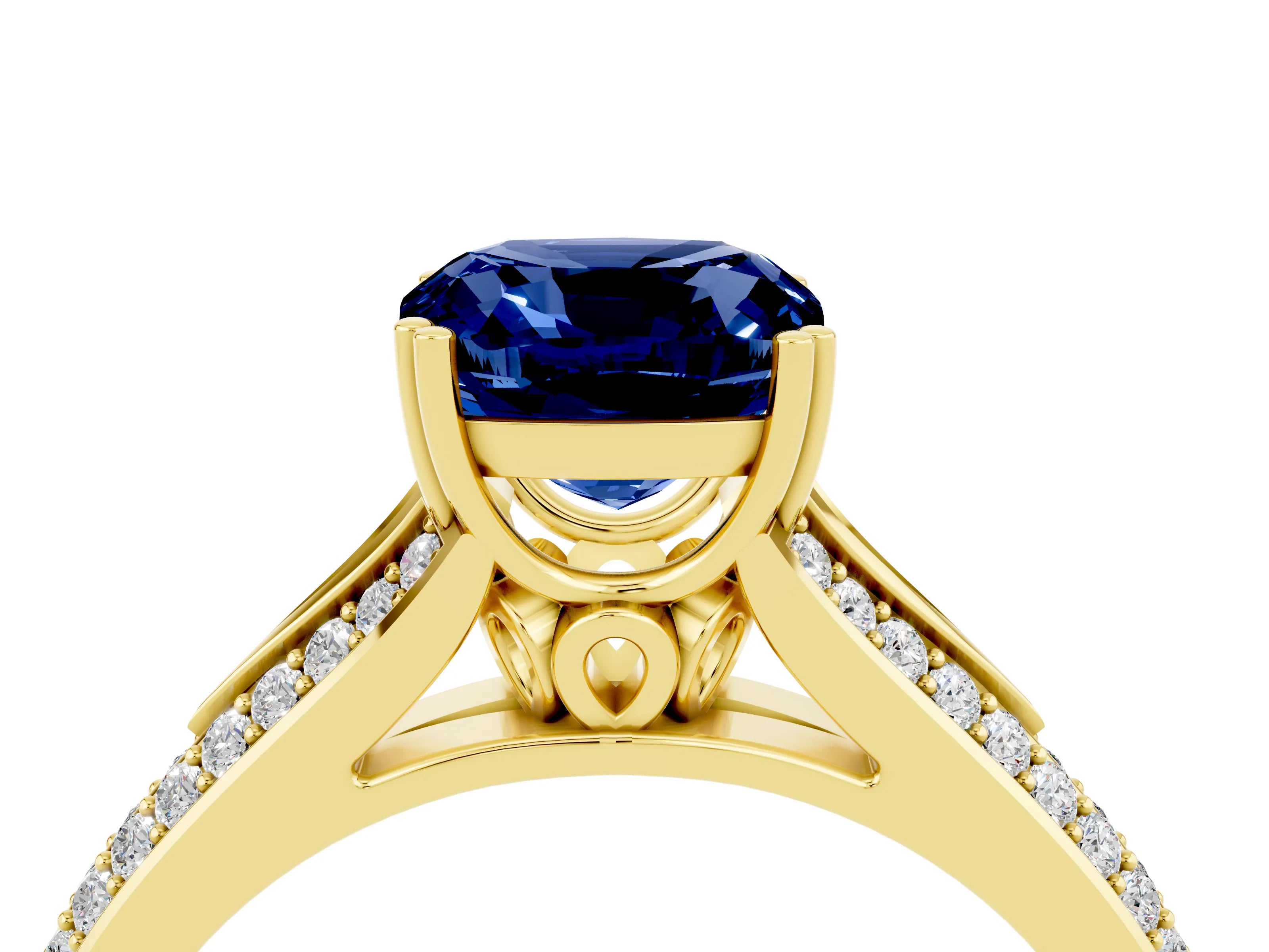 Yellow gold Cushion Cut Blue Sapphire Split Shank Engagement Ring with Pavé Band_4