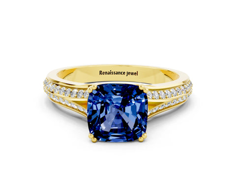 Yellow gold Cushion Cut Blue Sapphire Split Shank Engagement Ring with Pavé Band