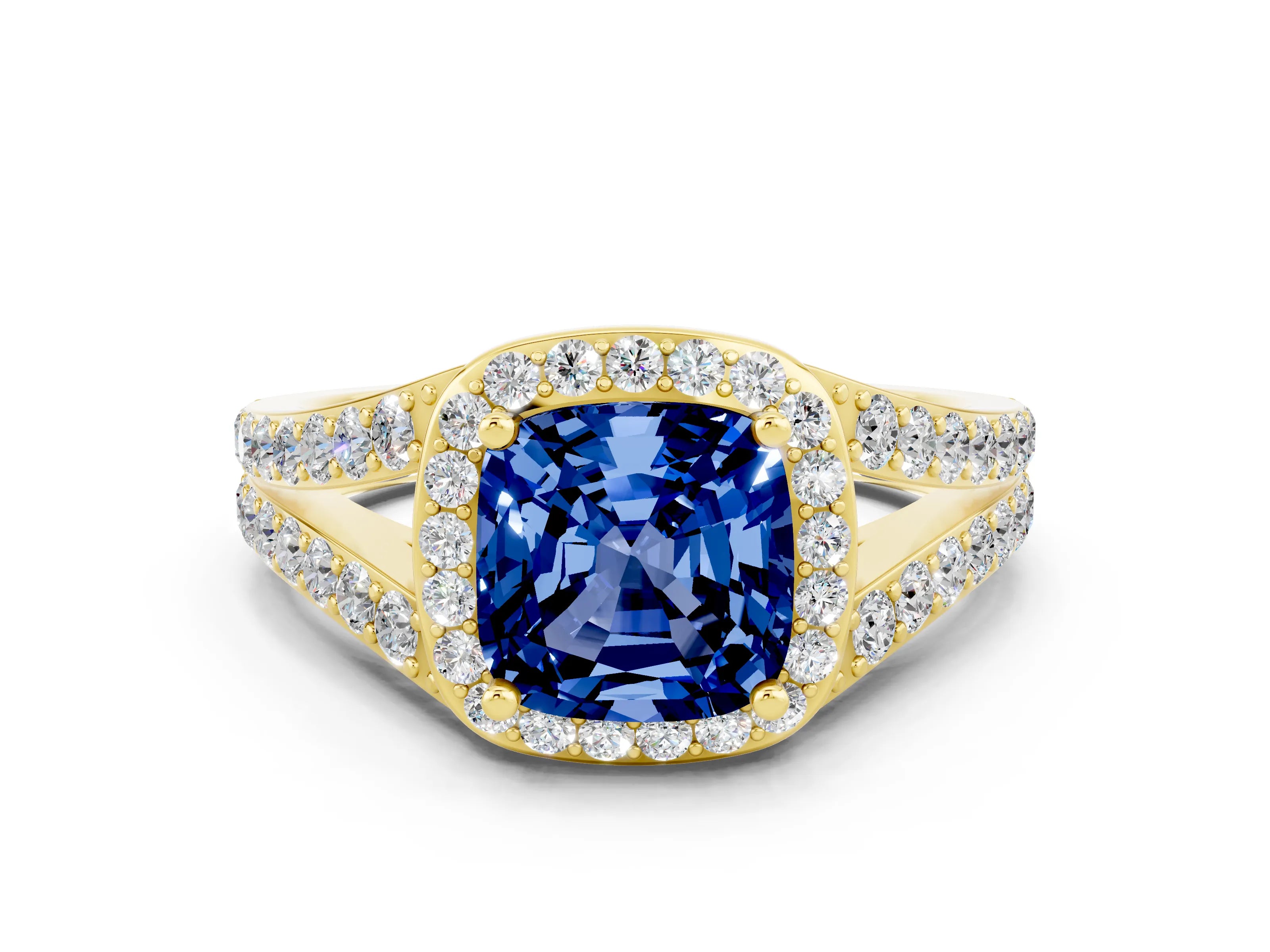 Yellow gold Cushion Cut Blue Sapphire Split Shank Halo Ring with Four-Prong Setting_12
