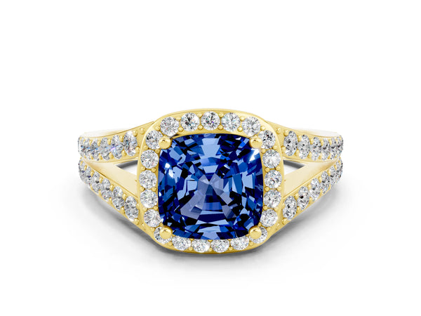Yellow gold Cushion Cut Blue Sapphire Split Shank Halo Ring with Four-Prong Setting