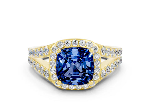 Yellow gold Cushion Cut Blue Sapphire Split Shank Halo Ring with Four-Prong Setting_12