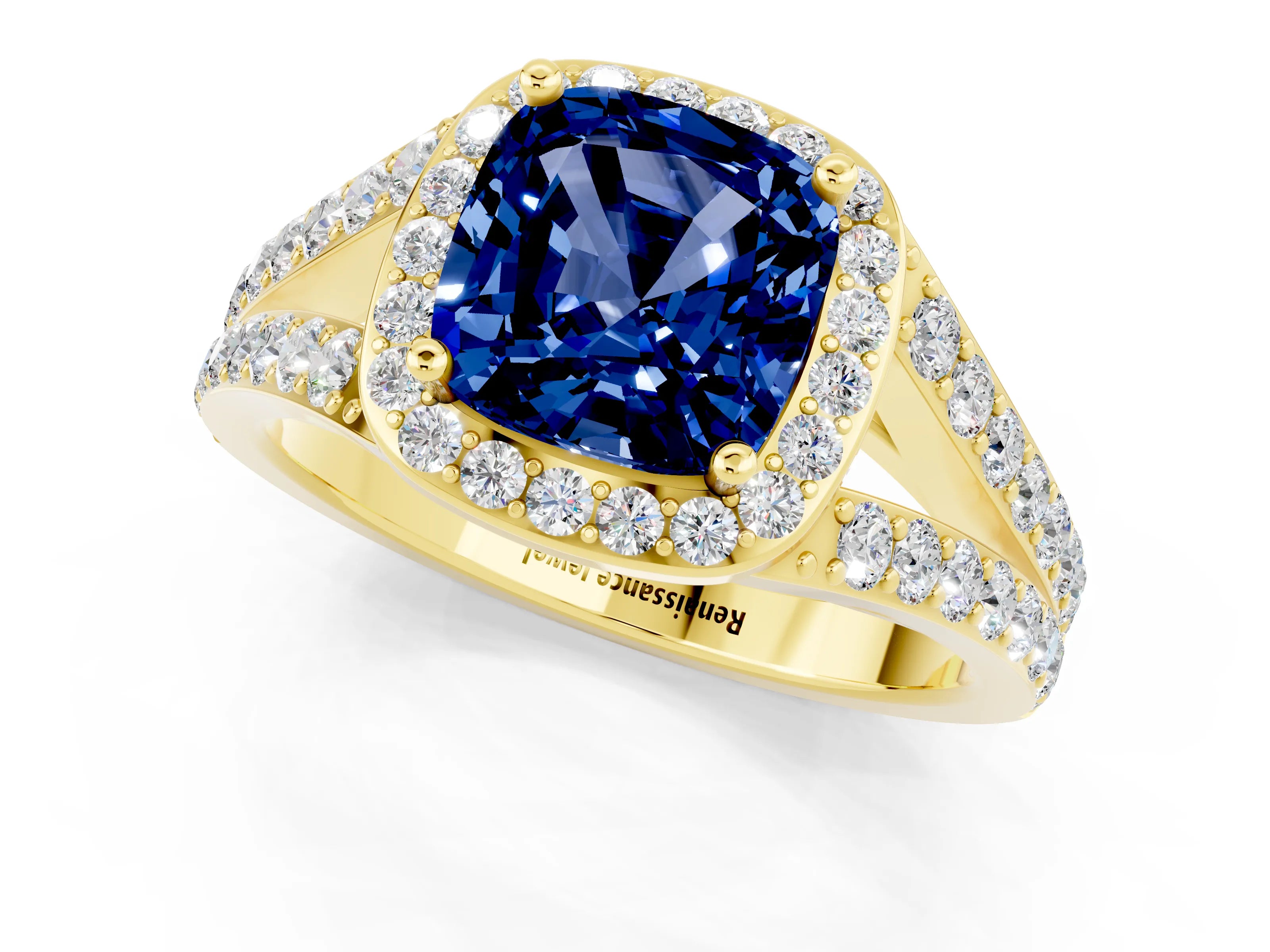Yellow gold Cushion Cut Blue Sapphire Split Shank Halo Ring with Four-Prong Setting_13