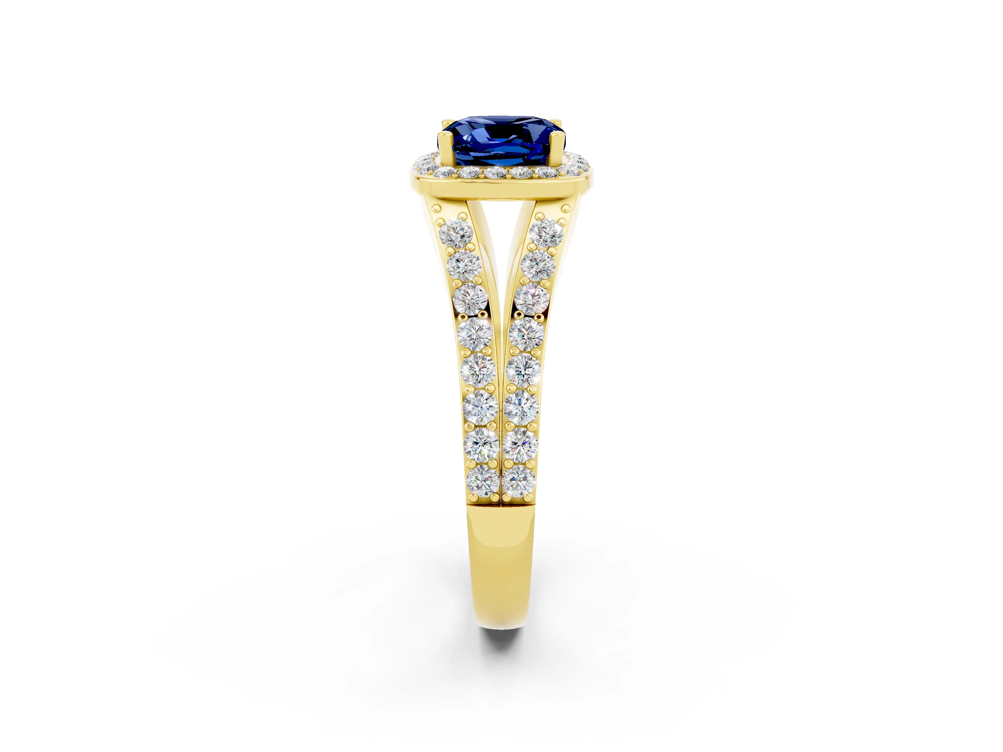 Yellow gold Cushion Cut Blue Sapphire Split Shank Halo Ring with Four-Prong Setting_14