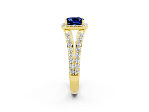 Yellow gold Cushion Cut Blue Sapphire Split Shank Halo Ring with Four-Prong Setting