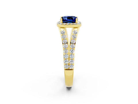 Yellow gold Cushion Cut Blue Sapphire Split Shank Halo Ring with Four-Prong Setting_14