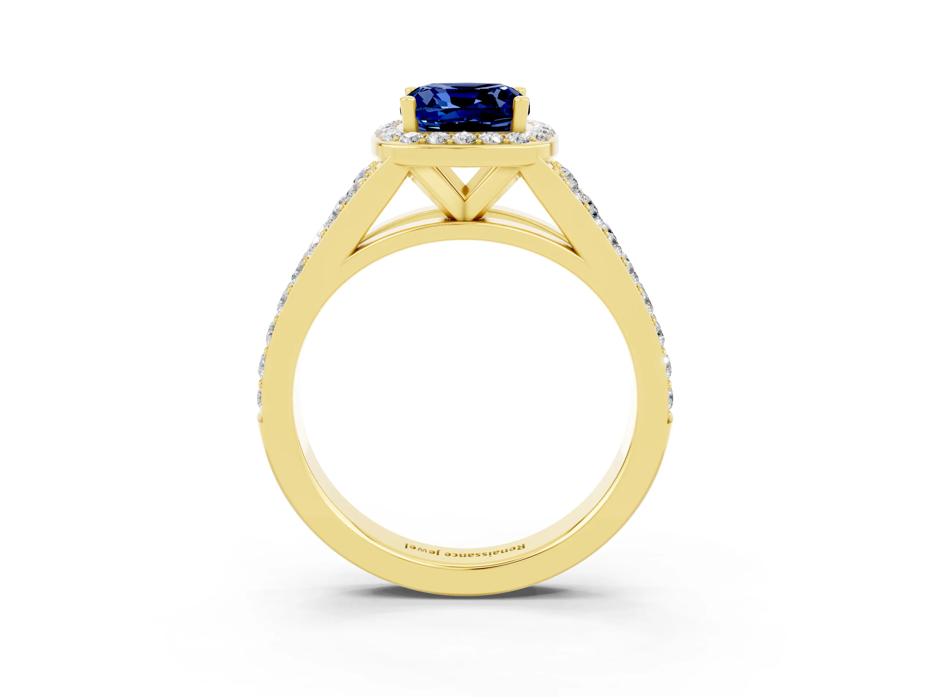 Yellow gold Cushion Cut Blue Sapphire Split Shank Halo Ring with Four-Prong Setting_15
