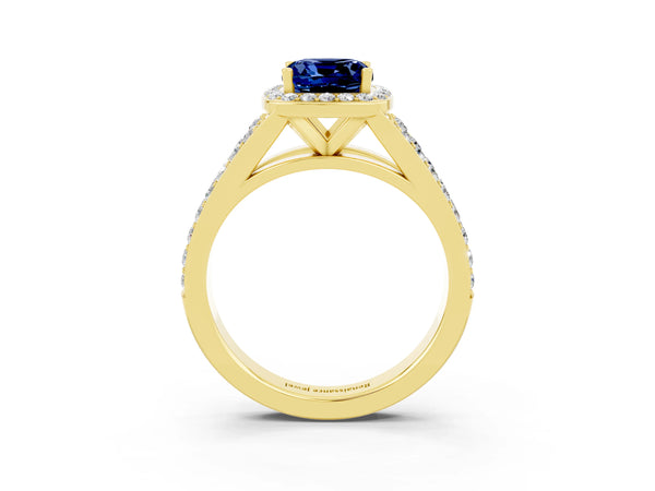 Yellow gold Cushion Cut Blue Sapphire Split Shank Halo Ring with Four-Prong Setting