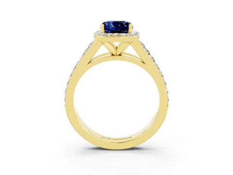 Yellow gold Cushion Cut Blue Sapphire Split Shank Halo Ring with Four-Prong Setting_15