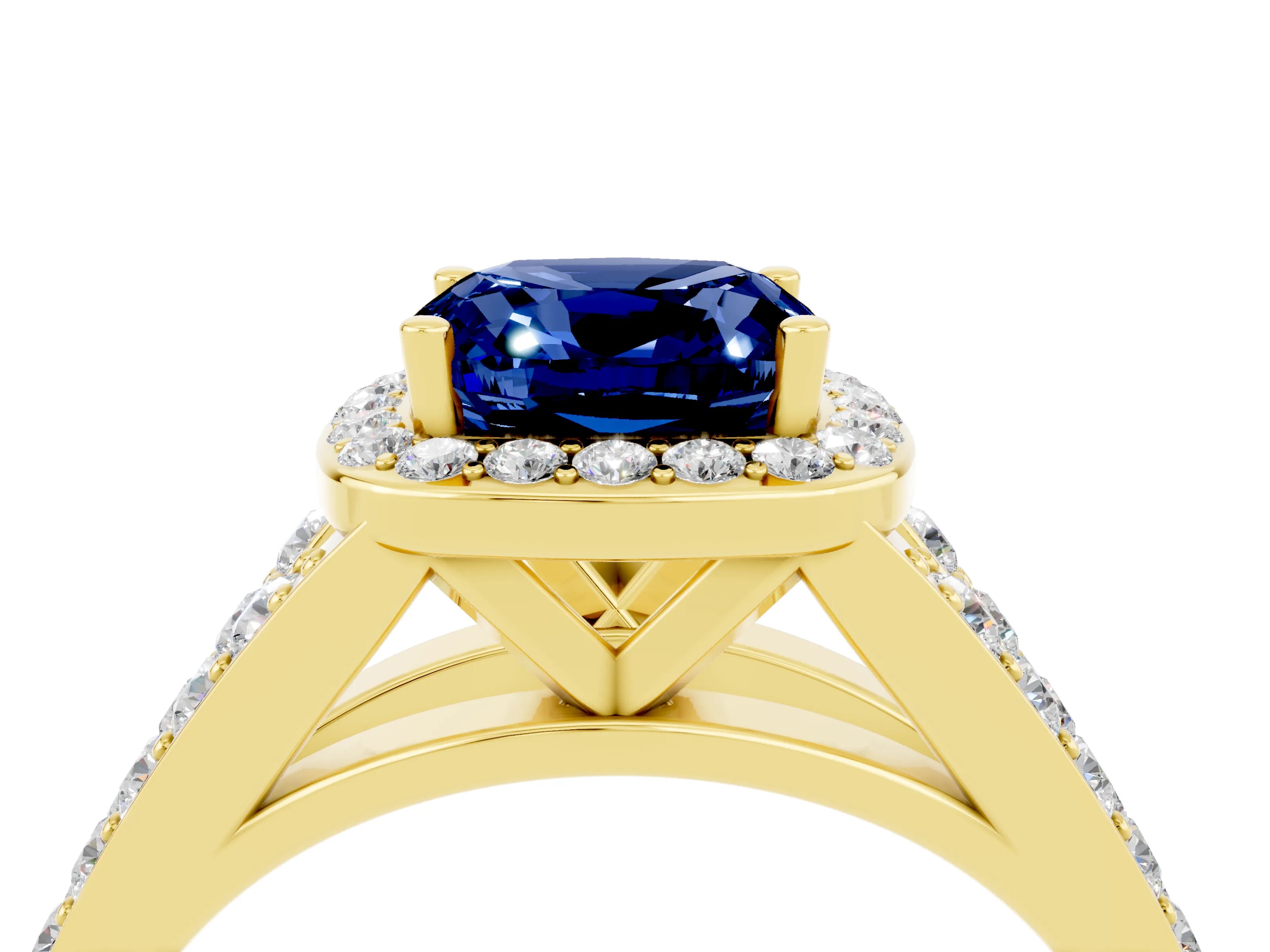 Yellow gold Cushion Cut Blue Sapphire Split Shank Halo Ring with Four-Prong Setting_16