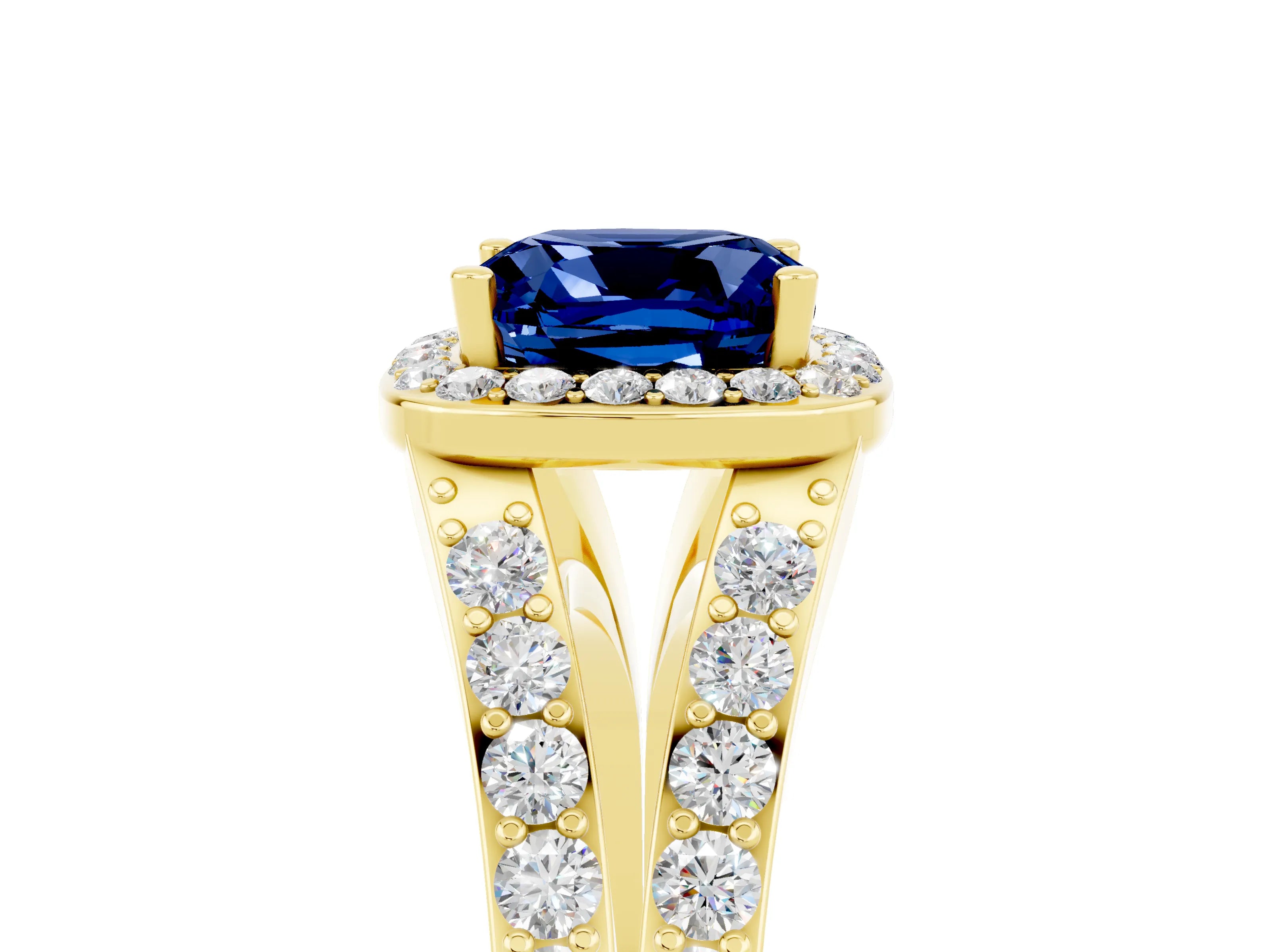 Yellow gold Cushion Cut Blue Sapphire Split Shank Halo Ring with Four-Prong Setting_17