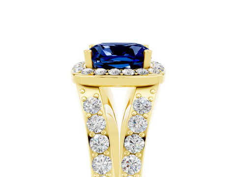 Yellow gold Cushion Cut Blue Sapphire Split Shank Halo Ring with Four-Prong Setting_17