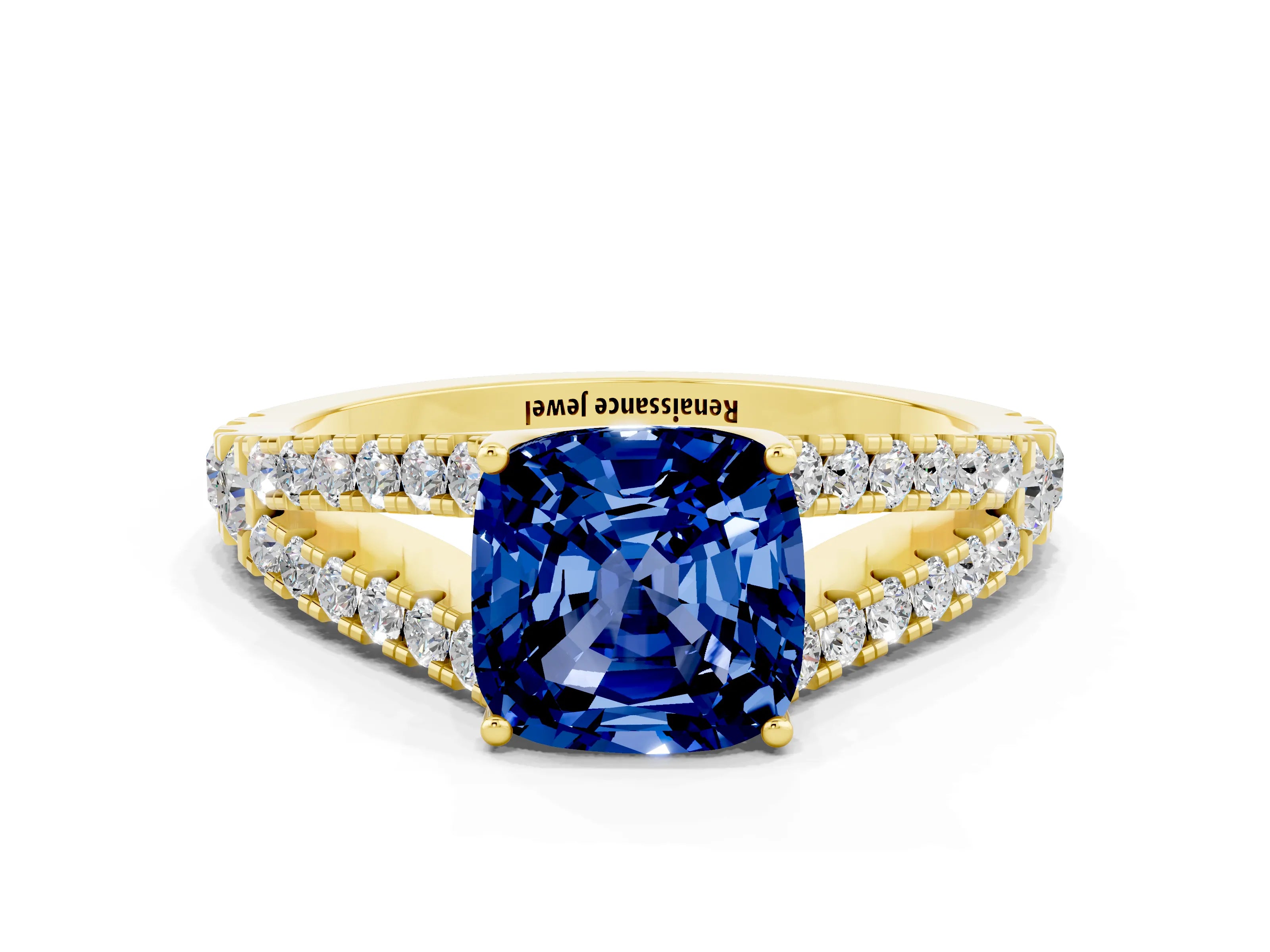 Yellow gold Cushion Cut Blue Sapphire Split Shank Pavé Engagement Ring with Four-Prong Setting_12