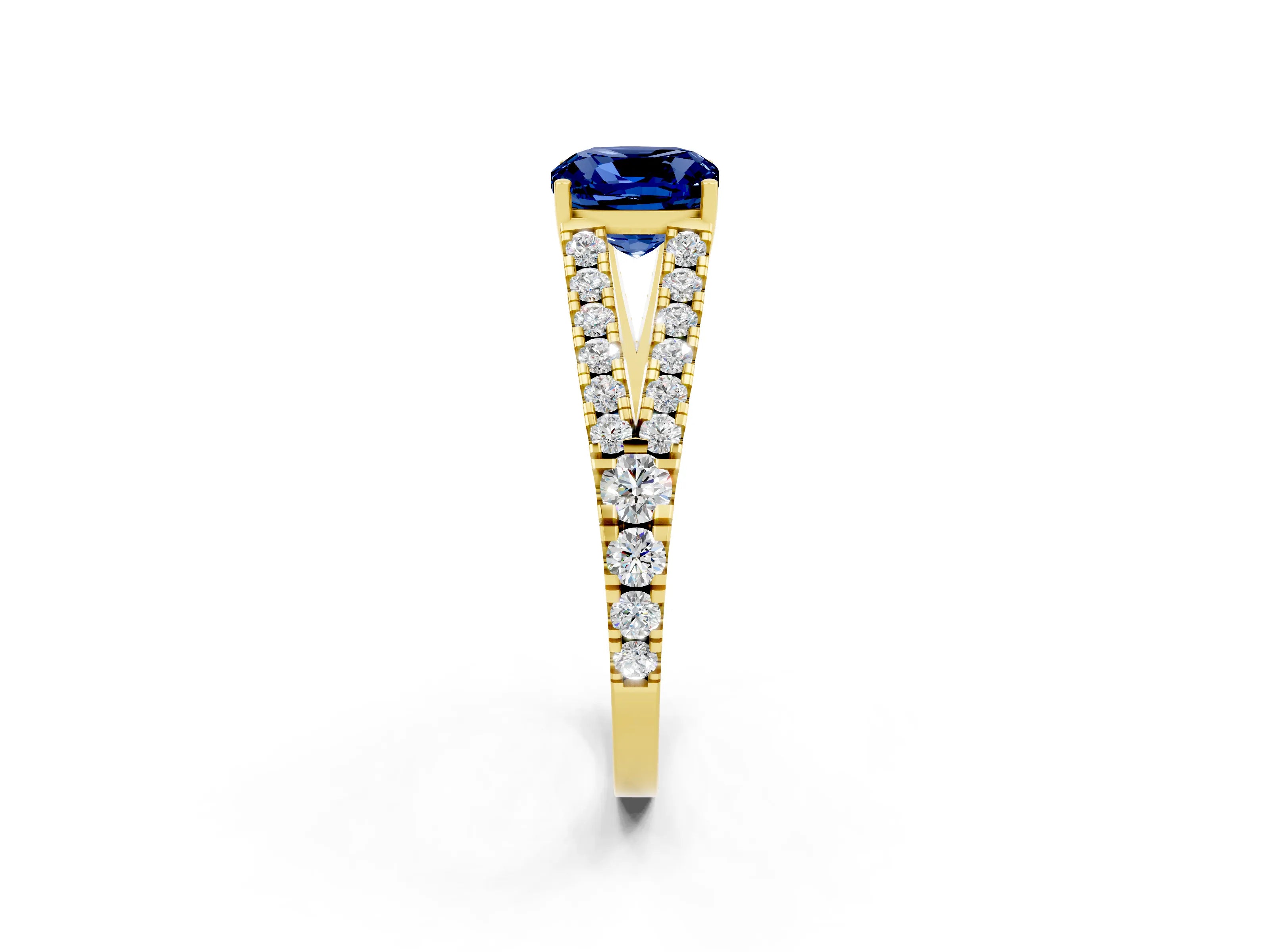 Yellow gold Cushion Cut Blue Sapphire Split Shank Pavé Engagement Ring with Four-Prong Setting_14