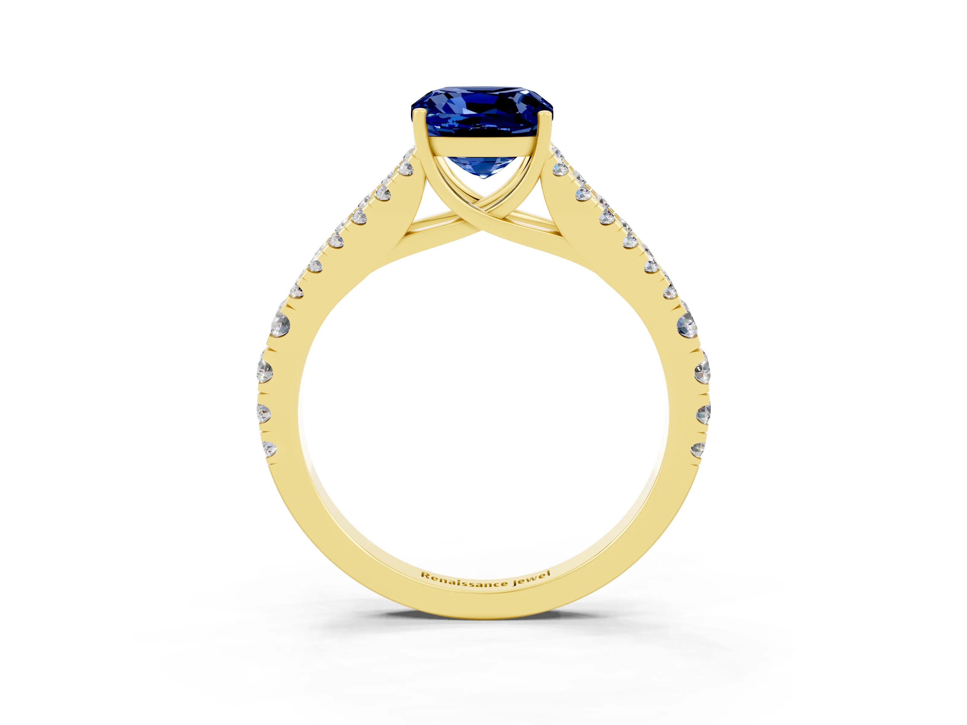 Yellow gold Cushion Cut Blue Sapphire Split Shank Pavé Engagement Ring with Four-Prong Setting_15