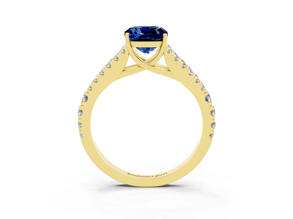 Yellow gold Cushion Cut Blue Sapphire Split Shank Pavé Engagement Ring with Four-Prong Setting