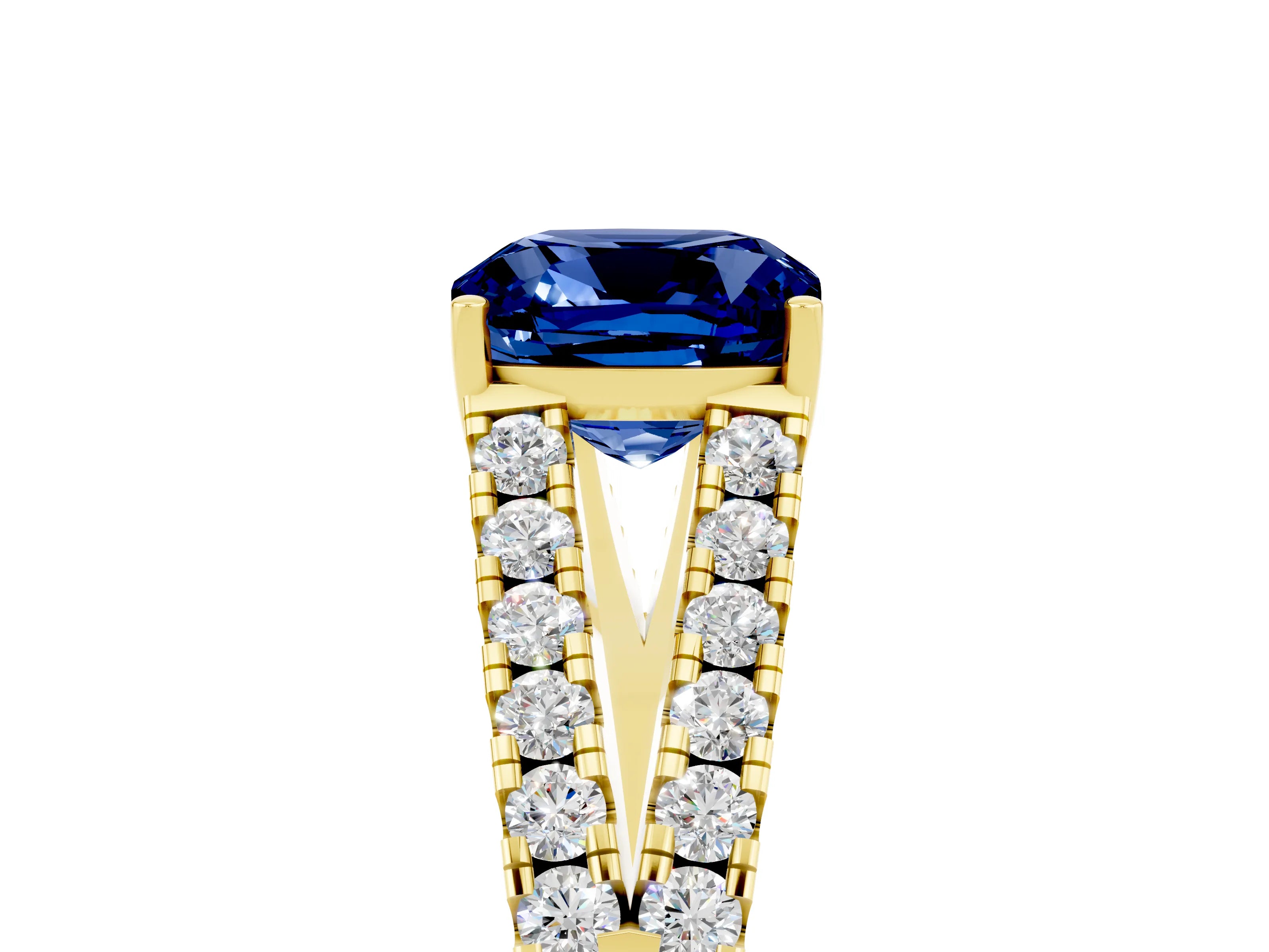 Yellow gold Cushion Cut Blue Sapphire Split Shank Pavé Engagement Ring with Four-Prong Setting_17