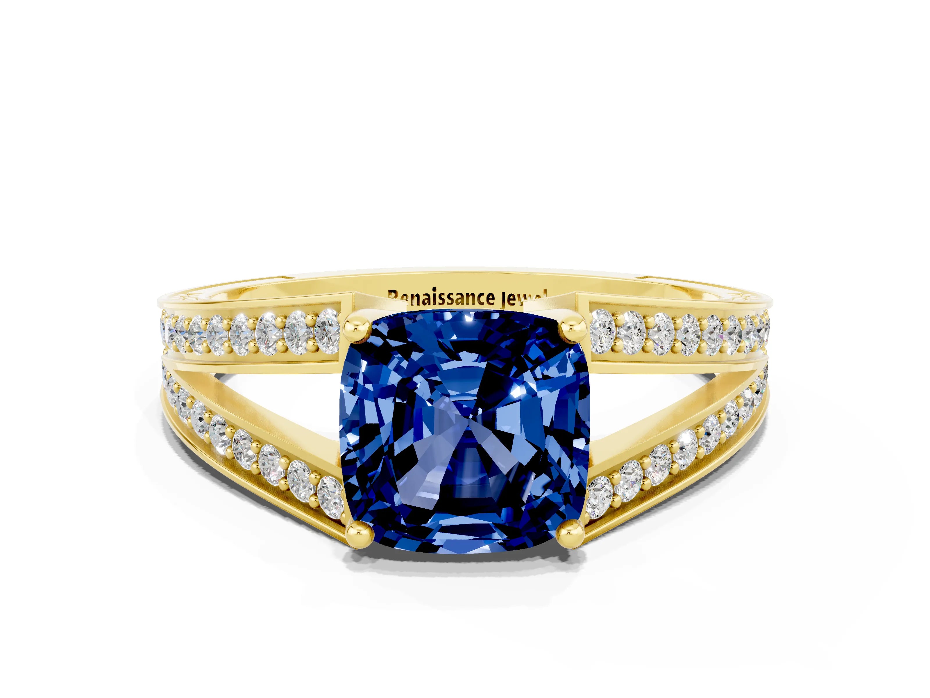 Yellow gold Cushion Cut Blue Sapphire Split Shank Ring with Pavé Band and Four-Prong Setting