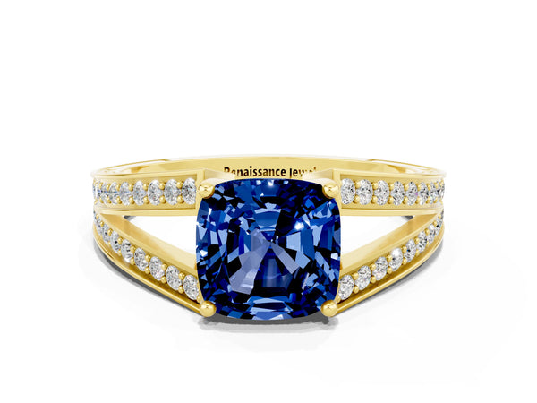 Yellow gold Cushion Cut Blue Sapphire Split Shank Ring with Pavé Band and Four-Prong Setting