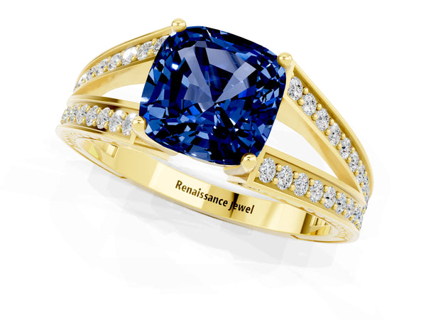 Yellow gold Cushion Cut Blue Sapphire Split Shank Ring with Pavé Band and Four-Prong Setting