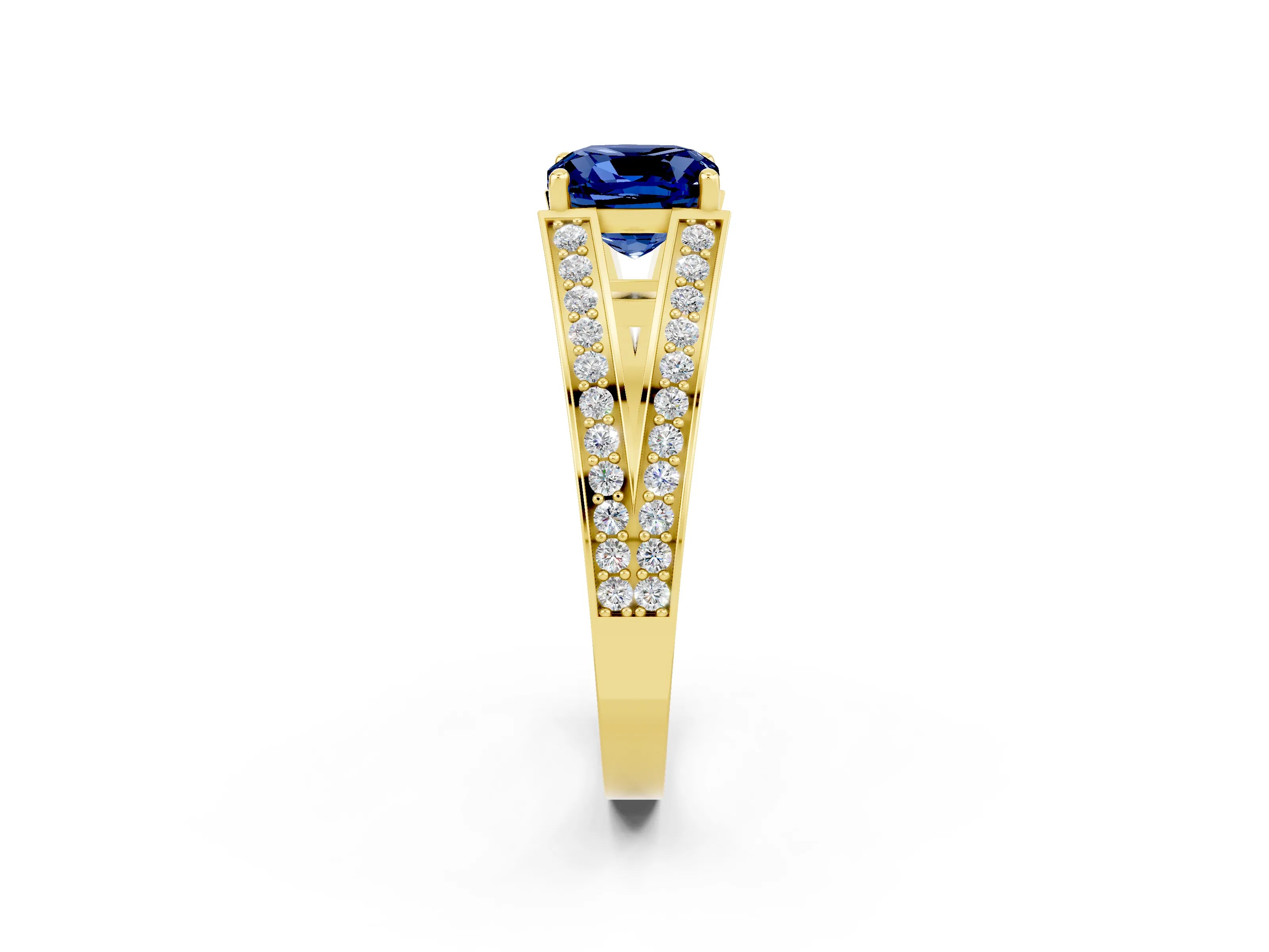 Yellow gold Cushion Cut Blue Sapphire Split Shank Ring with Pavé Band and Four-Prong Setting_2