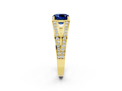 Yellow gold Cushion Cut Blue Sapphire Split Shank Ring with Pavé Band and Four-Prong Setting_2