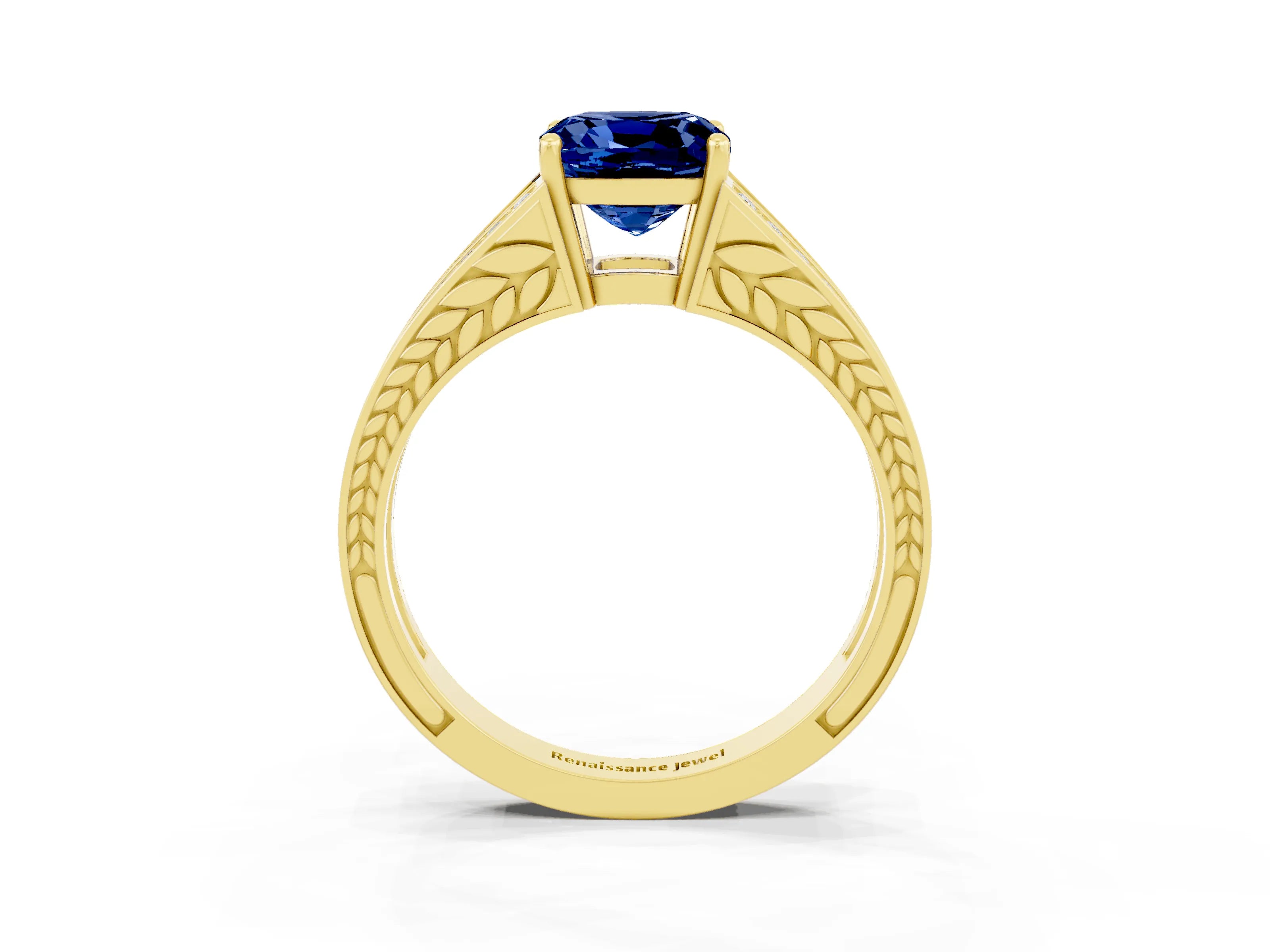Yellow gold Cushion Cut Blue Sapphire Split Shank Ring with Pavé Band and Four-Prong Setting_3