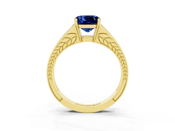Yellow gold Cushion Cut Blue Sapphire Split Shank Ring with Pavé Band and Four-Prong Setting