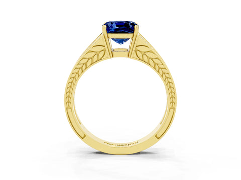 Yellow gold Cushion Cut Blue Sapphire Split Shank Ring with Pavé Band and Four-Prong Setting_3