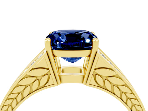 Yellow gold Cushion Cut Blue Sapphire Split Shank Ring with Pavé Band and Four-Prong Setting_4