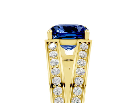 Yellow gold Cushion Cut Blue Sapphire Split Shank Ring with Pavé Band and Four-Prong Setting_5