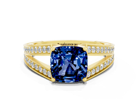 Yellow gold Cushion Cut Blue Sapphire Split Shank Ring with Pavé Band and Four-Prong Setting