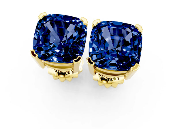 Yellow gold Cushion Cut Blue Sapphire Stud Earrings
