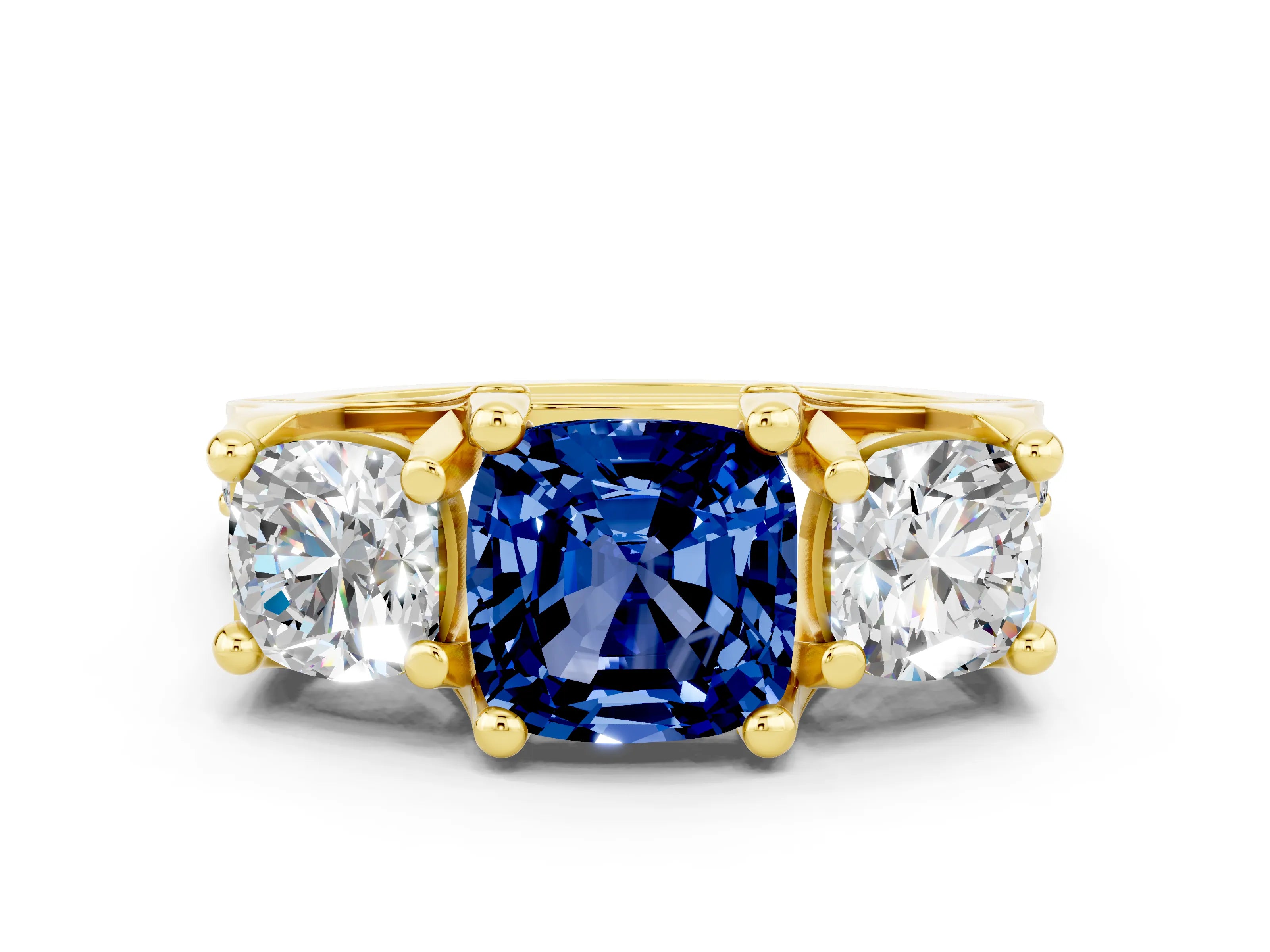 Yellow gold Cushion Cut Blue Sapphire Three-Stone Ring with Channel Set Band and Four-Prong Setting
