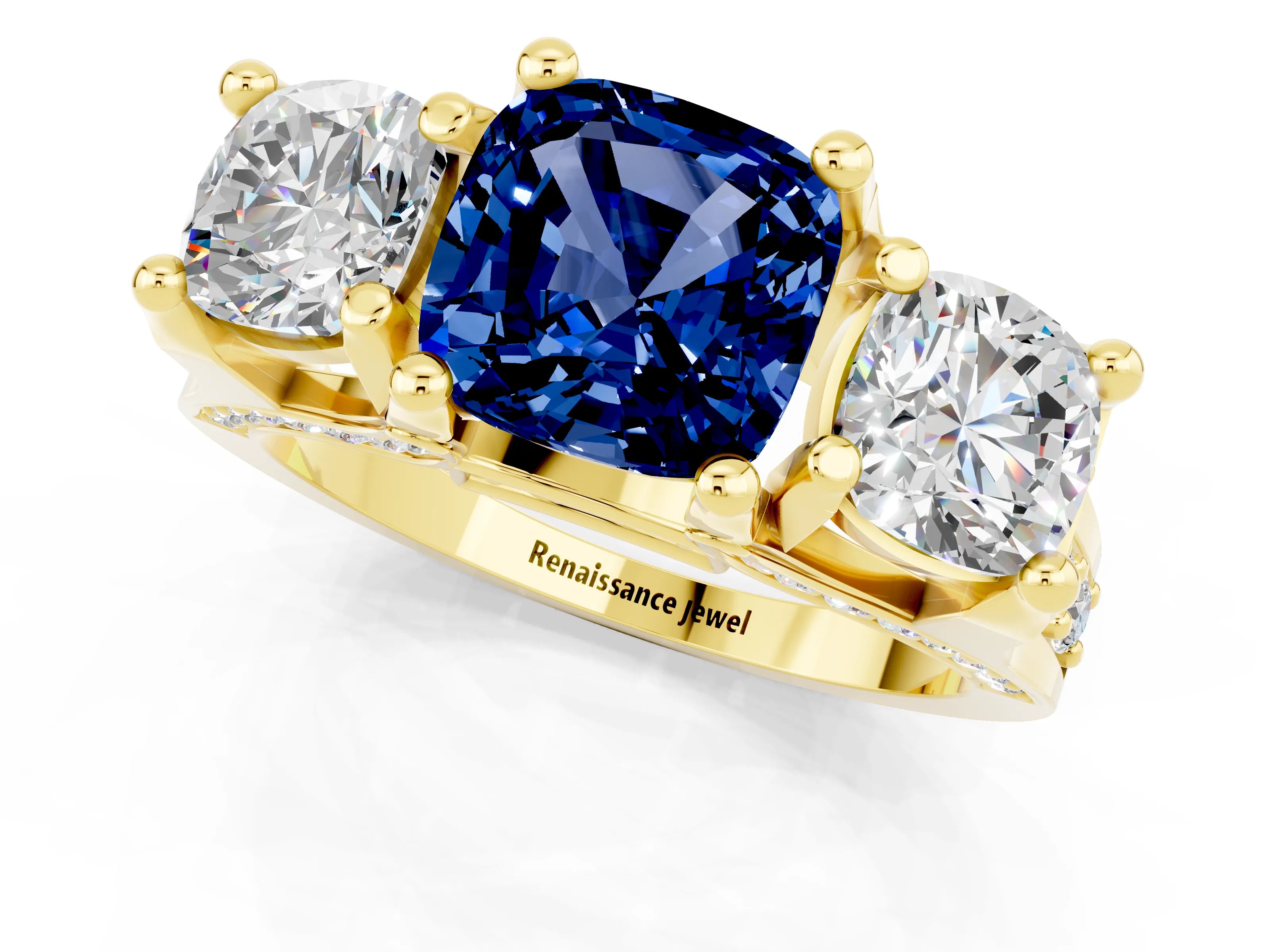 Yellow gold Cushion Cut Blue Sapphire Three-Stone Ring with Channel Set Band and Four-Prong Setting_1