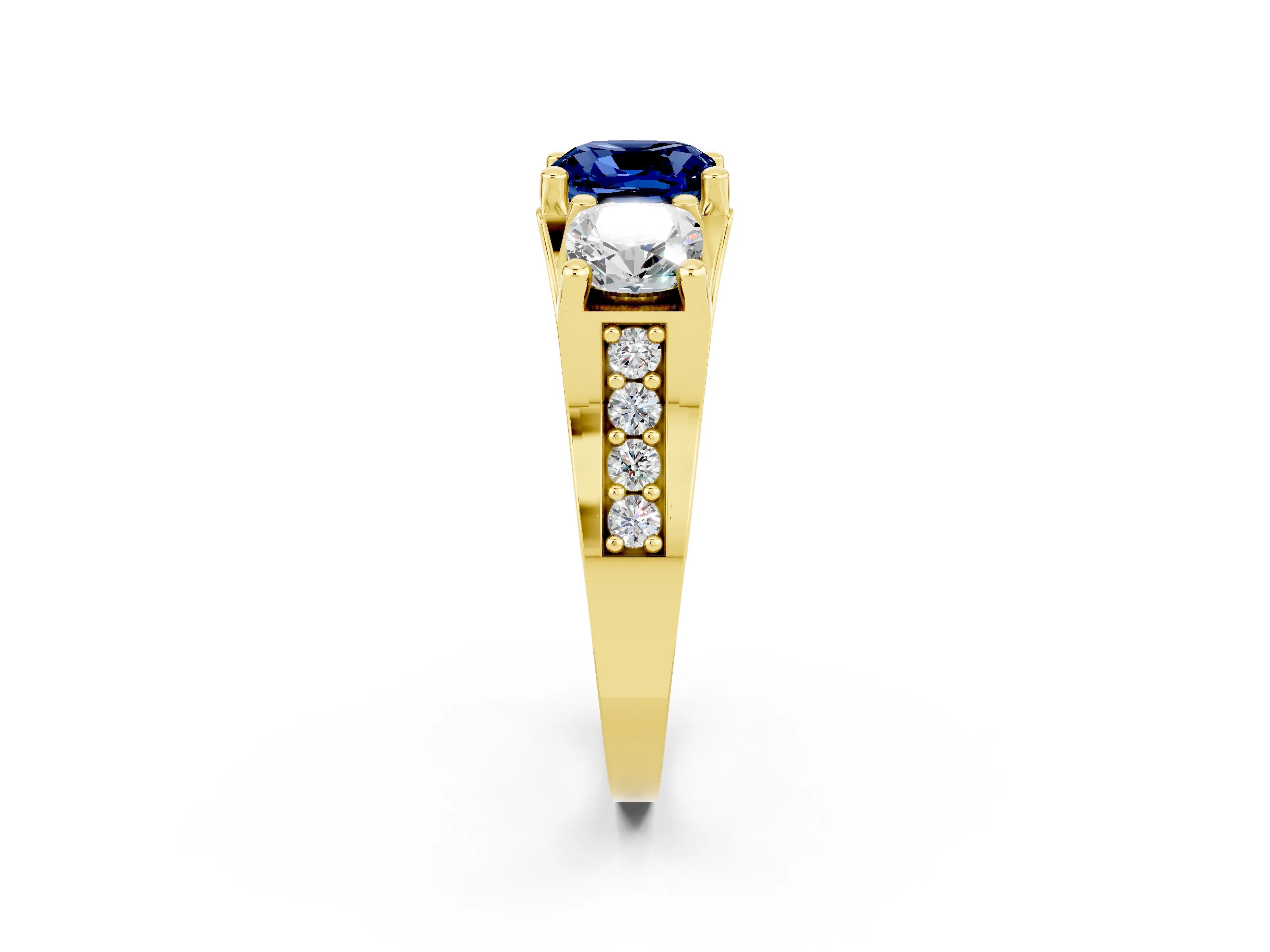 Yellow gold Cushion Cut Blue Sapphire Three-Stone Ring with Channel Set Band and Four-Prong Setting_2