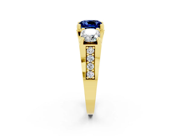 Yellow gold Cushion Cut Blue Sapphire Three-Stone Ring with Channel Set Band and Four-Prong Setting