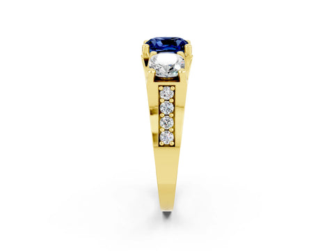 Yellow gold Cushion Cut Blue Sapphire Three-Stone Ring with Channel Set Band and Four-Prong Setting_2
