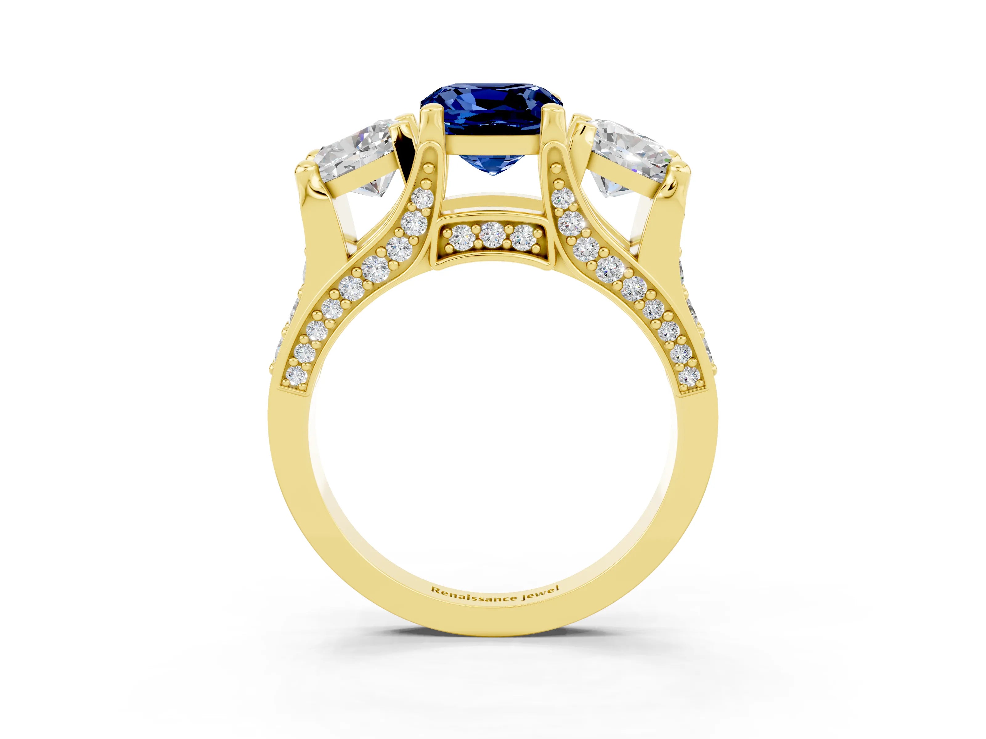 Yellow gold Cushion Cut Blue Sapphire Three-Stone Ring with Channel Set Band and Four-Prong Setting_3