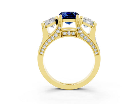 Yellow gold Cushion Cut Blue Sapphire Three-Stone Ring with Channel Set Band and Four-Prong Setting_3
