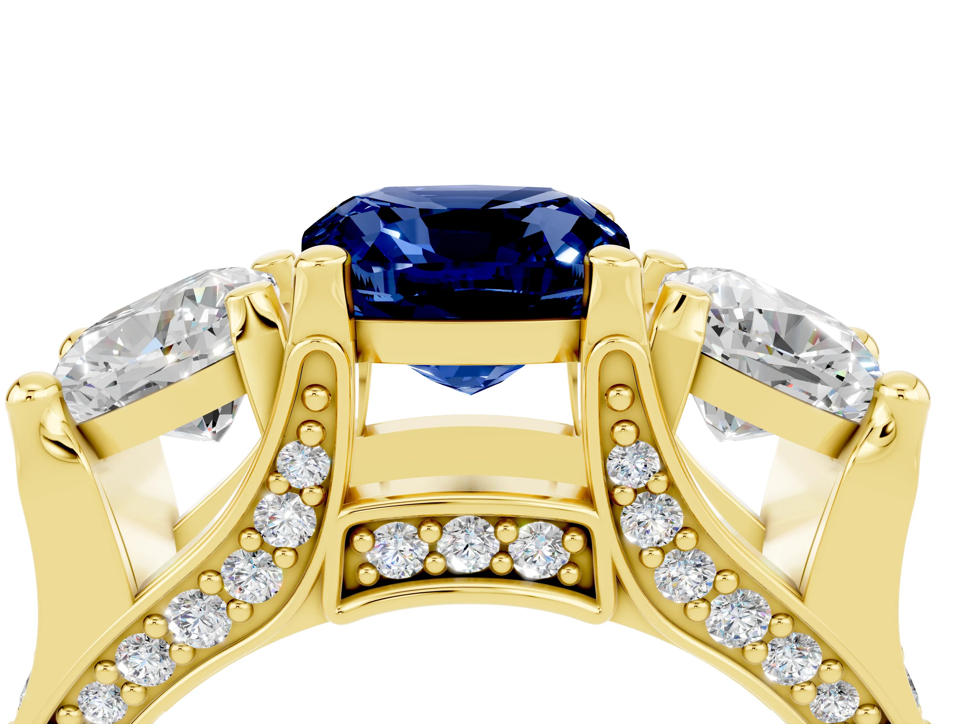 Yellow gold Cushion Cut Blue Sapphire Three-Stone Ring with Channel Set Band and Four-Prong Setting_4