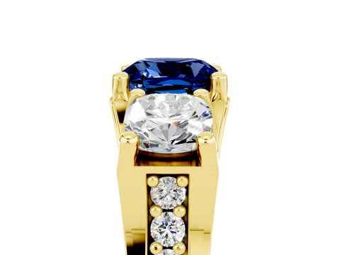 Yellow gold Cushion Cut Blue Sapphire Three-Stone Ring with Channel Set Band and Four-Prong Setting_5