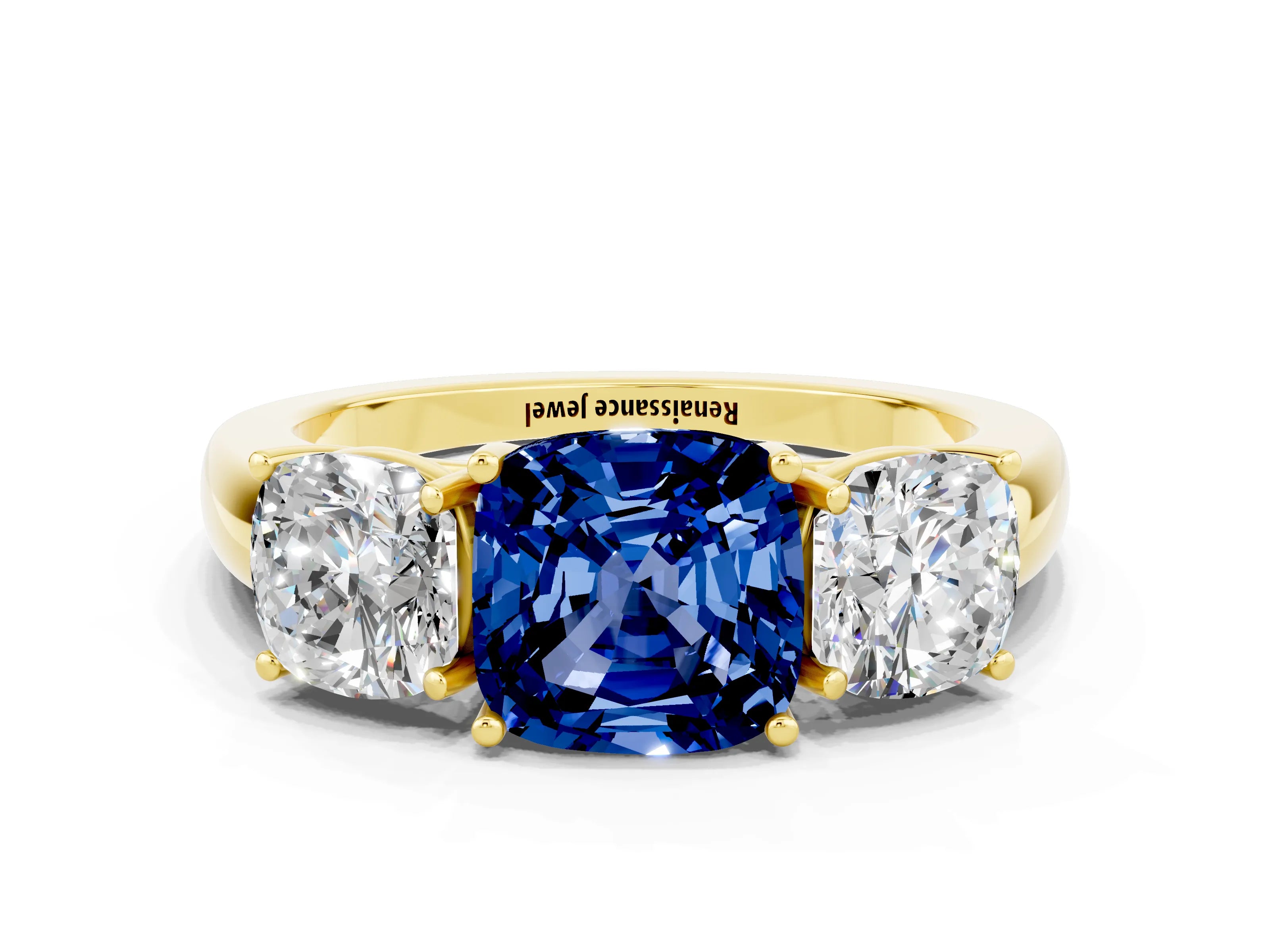 Yellow gold Cushion Cut Blue Sapphire Three-Stone Ring with Four-Prong Setting and Classic Band