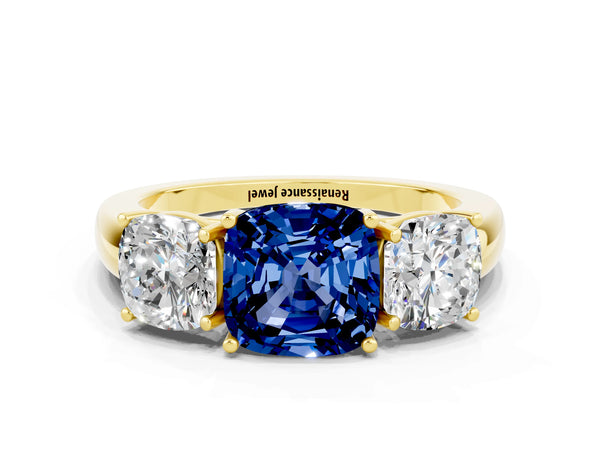 Yellow gold Cushion Cut Blue Sapphire Three-Stone Ring with Four-Prong Setting and Classic Band