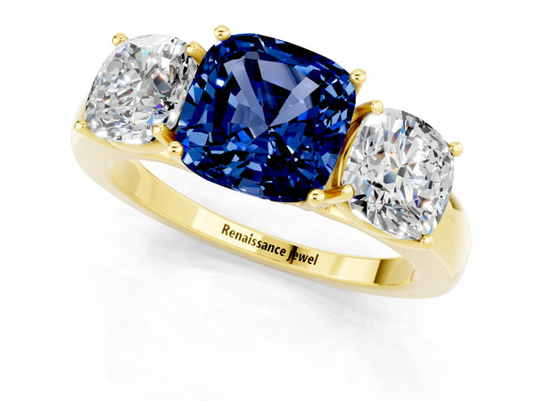 Yellow gold Cushion Cut Blue Sapphire Three-Stone Ring with Four-Prong Setting and Classic Band