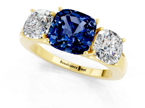 Yellow gold Cushion Cut Blue Sapphire Three-Stone Ring with Four-Prong Setting and Classic Band_1